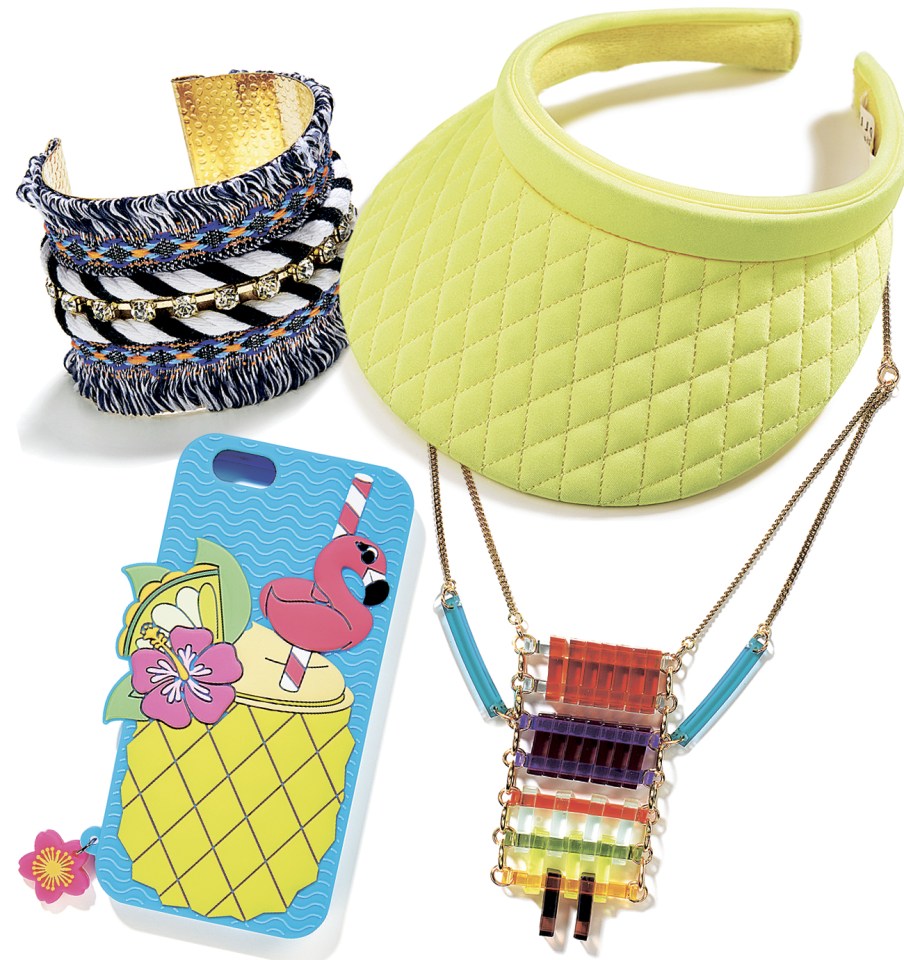  [Clockwise] Cuff, £7.99, New Look; Visor, £16, Seafolly; Necklace, £75, Toolally Jewellery; Phone Case, £10, Claire's