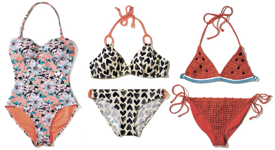  Left: Swimsuit, £16, Matalan; Middle: Top, £12, bottoms, £14, both Red Herring at Debenhams; Right: Bikini, £30, South Beach