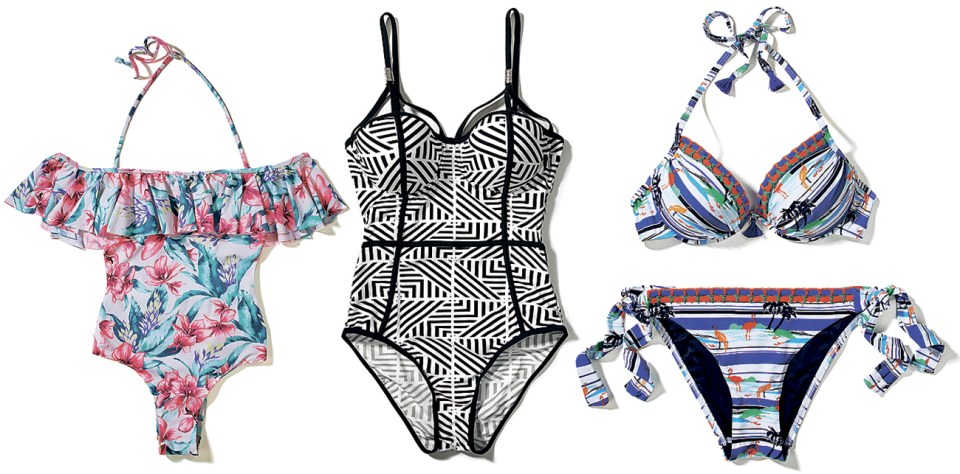  Left: Swimsuit, £29.99, Oysho; Middle: Swimsuit, £35, Jane Norman; Right: Top, £20, bottoms, £16, both Next