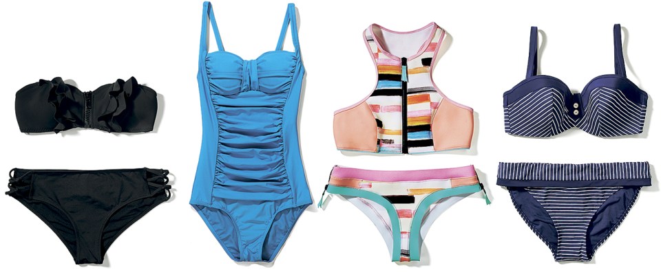  From left to right: Top, £14.99, bottoms, £3.99, both H & M; Swimsuit, £35, M&S Collection at Marks & Spencer; Bikini top, £25, bottoms, £15, both River Island; Bikini top, £36, bottoms, £20, both Panache