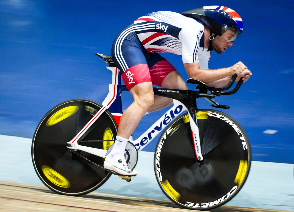 Mark Cavendish tests out the new Cervelo T5GB track bike that Team GB will ride at the Rio 2016 Olympics