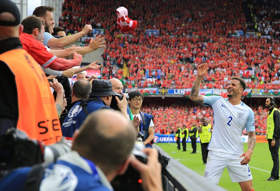  Kyle Walker shares the joy of a last-minute Euro win over Wales with England fans