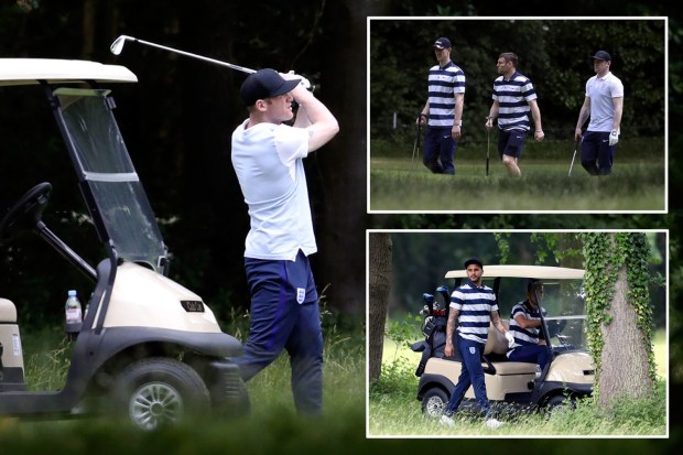 England players Wayne Rooney, Joe Hart, Harry Kane, Kyle Walker, James Milner, play golf