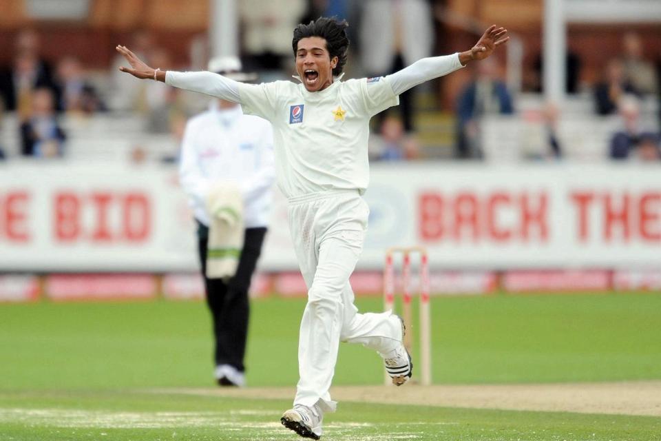  Amir celebrates one of his six first-innings wickets in the Lord's Test of 2010