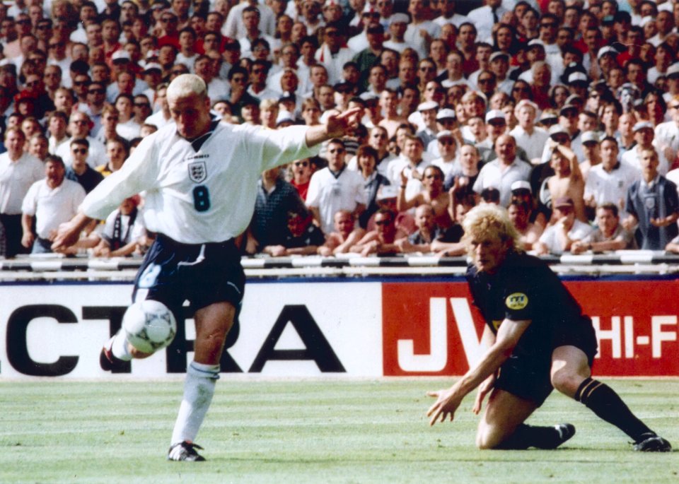  Colin Hendry watches on as Paul Gascoigne scores his wonder goal