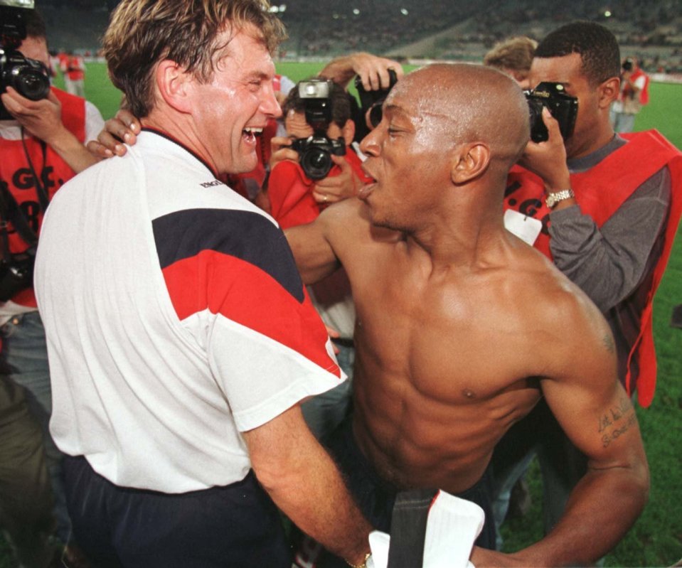  Glenn Hoddle as England boss celebrating France 98 World Cup qualification with Ian Wright