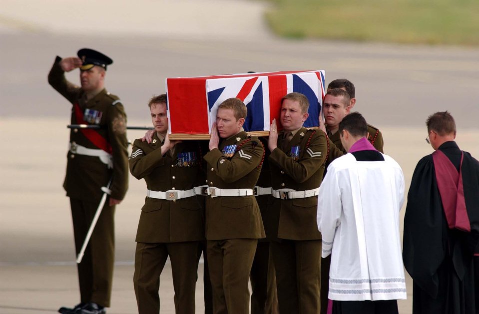  The coffin of Sergeant Simon Hamilton-Jewell, one of the six British Royal Military Policemen killed in the attack in 2003