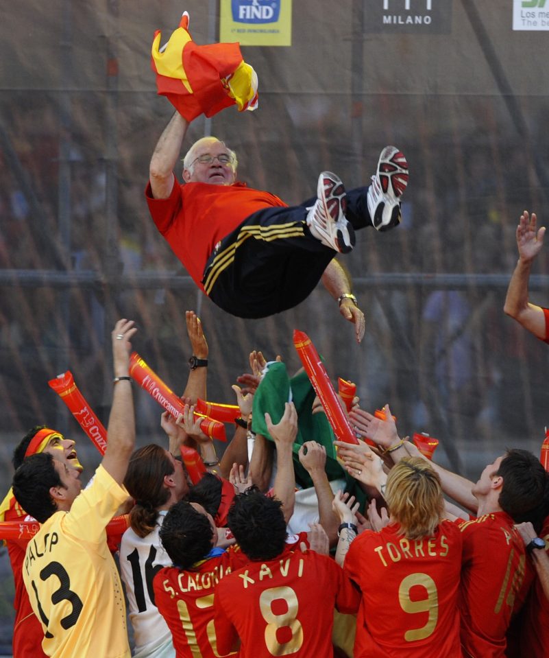  Manager Luis Aragones is thrown in the air as Spain celebrate breaking their tournament duck by winning the 2008 European Championship