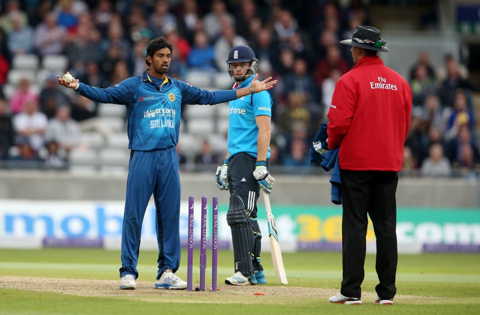  Sachithra Senanayake appeals to the umpire after whipping the bails off