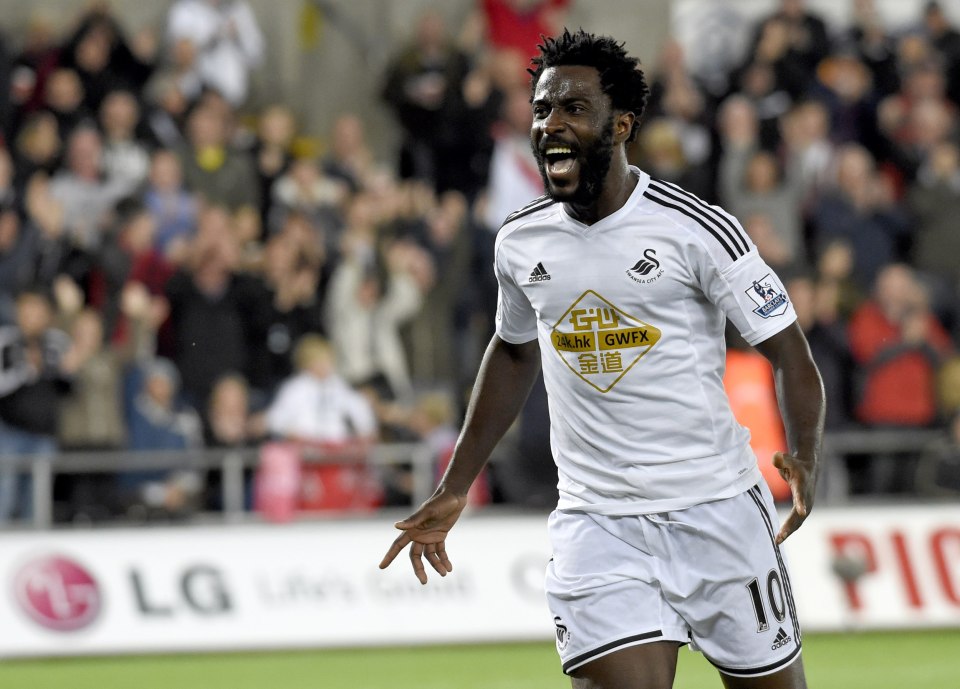  Wilfried Bony celebrates scoring during his time at Swansea