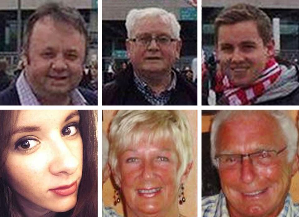  A one minute silence will mark the first anniversary of the attack which killed 30 Britons. Top row from left, Adrian Evans, Patrick Evans and Joel Richards. Bottom row from left, Carly Lovett, Elaine and Denis Thwaites