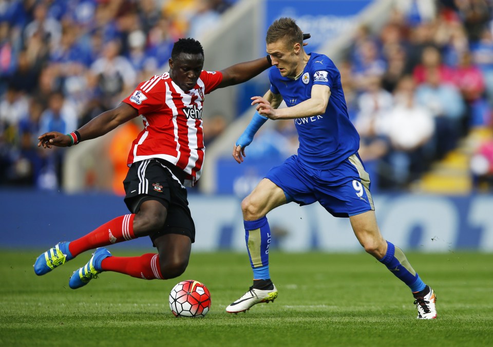  Tough-tackling Wanyama puts in a challenge on Leicester striker Jamie Vardy