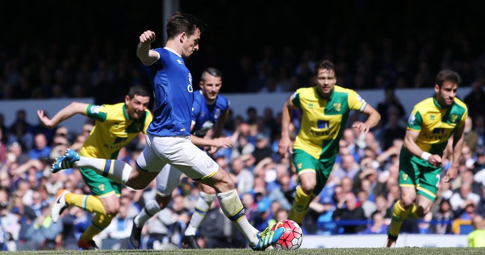  Baines converted a penalty to score his team's second goal during the Premier League match between Everton and Norwich City at Goodison Park in May