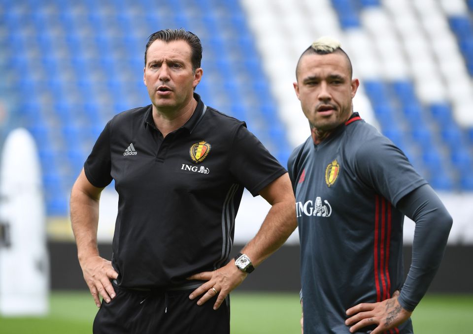  Belgium's coach Marc Wilmots and Radja Nainggolan take part in a training session ahead of their disappointing Euro 2016 campaign