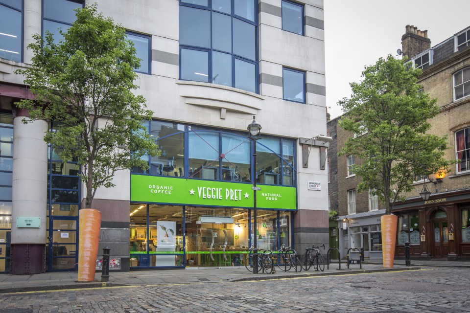  Veggie Pret, distinctive with a green banner, has enormous carrots made from trees flanking the store - which has proved a hit