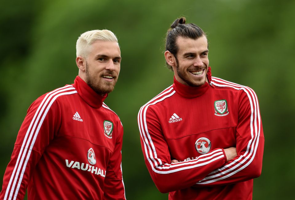  Aaron Ramsey, left, and Gareth Bale during Wales training ahead of the Euros