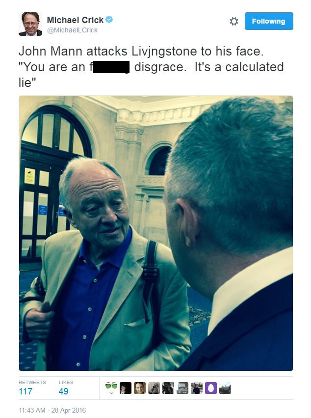  The extraordinary scenes were caught on TV cameras as John Mann called Red Ken a 'Nazi apologist'