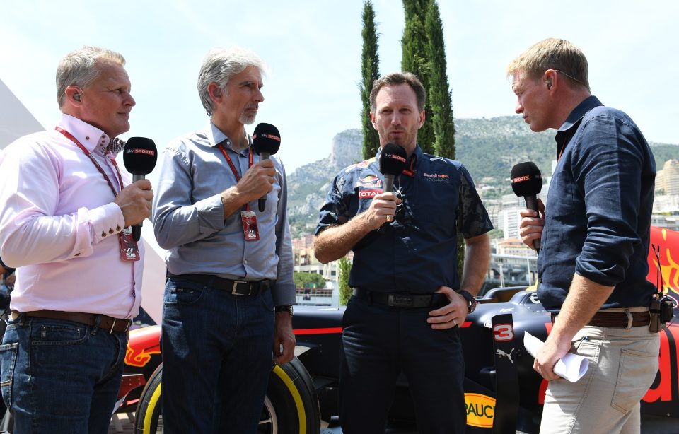 Johnny Herbert, Damon Hill, Red Bull Racing Team Principal Christian Horner and Simon Lazenby analyse events at the Monaco GP