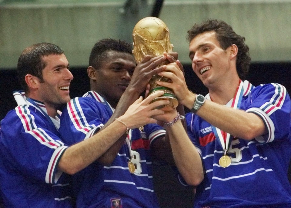  Laurent Blanc, right, celebrates winning the 1998 World Cup with France team-mates Zinedine Zidane, left, and Marcel Desailly, centre