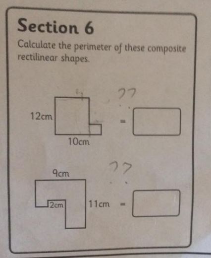  The question asked kids to calculate the perimeter of these irregular shapes