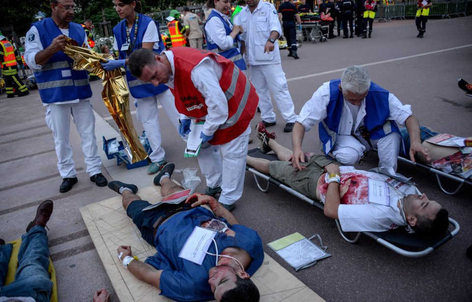  Lyon was also in 'lockdown' last night as police held a major terror exercise and paramedics treated the 'seriously injured'