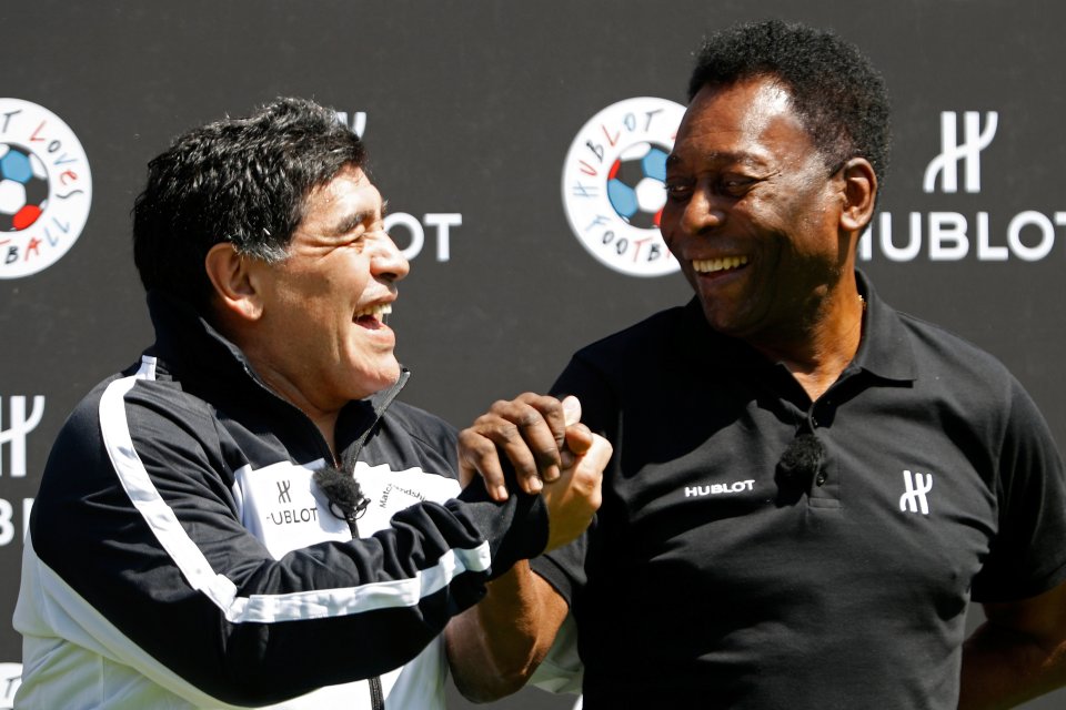 Football legends Pele and Diego Maradona attend an advertising soccer event on the eve of the opening of the UEFA 2016 European Championship in Paris