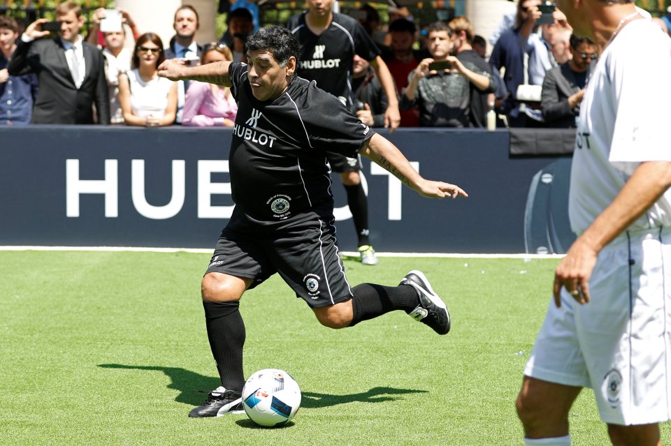 Football legend Diego Maradona plays soccer during an advertising event on the eve of the opening of the UEFA 2016 European Championship in Paris