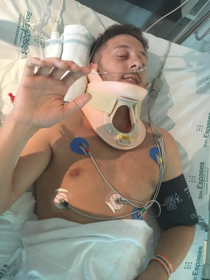  James Thorpe, 28, slipped and fell while swimming and hit his head on the seabed, paralysing him from the neck down