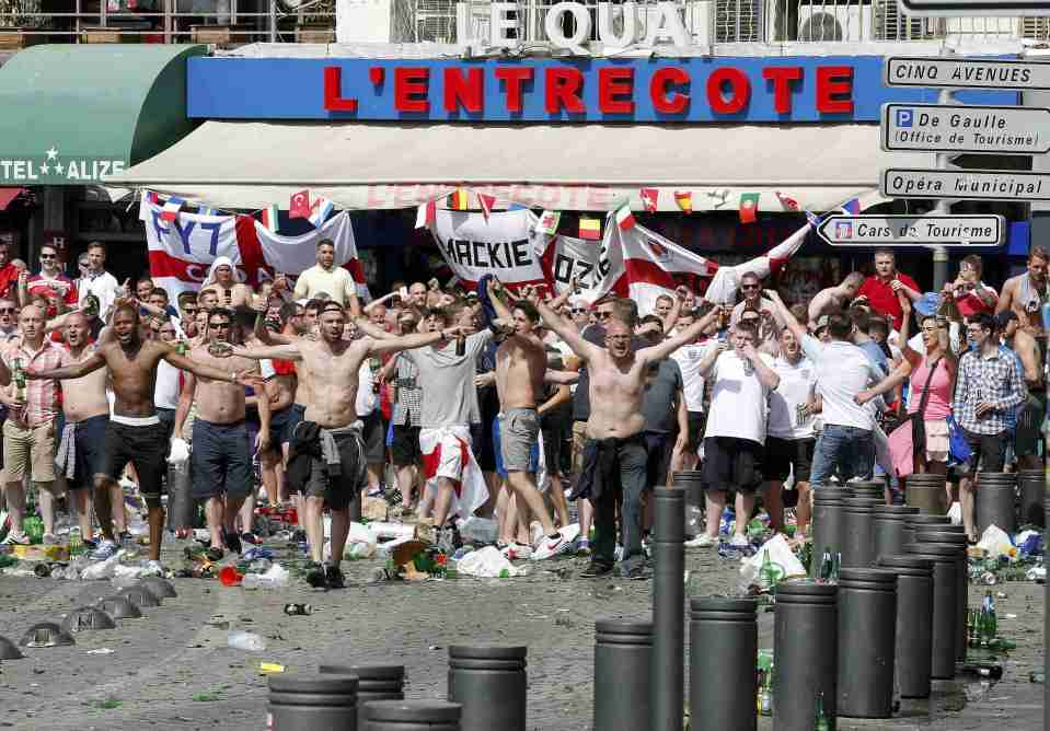  England fans had earlier clashed with Russia supporters and French riot cops in the Old City area of Marseille