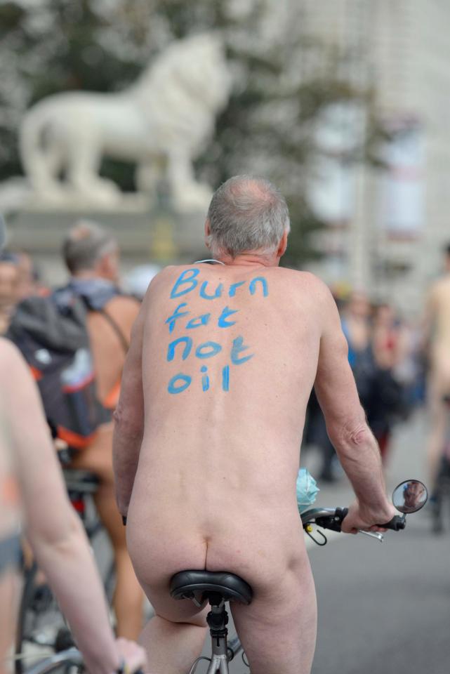  In the buff ... one cyclist gets creative with his message, urging Londoners to 'burn fat, not oil'