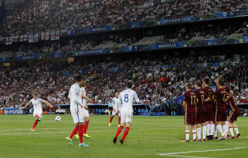 Eric Dier steps up to curl the ball over the Russian wall to make it 1-0 to England in Marseille