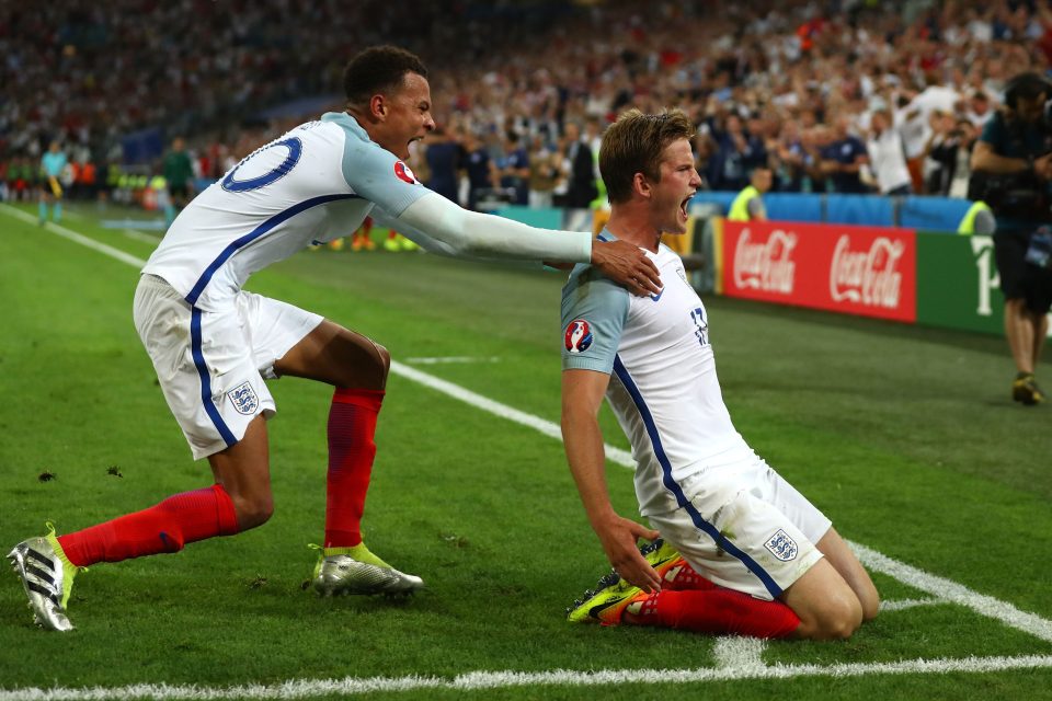 Eric Dier celebrates his stunning Euro 2016 opener against Russia with Dele Alli