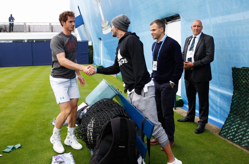  David Beckham shakes hands with Andy Murray at Queens Club ahead of the Aegon Championships in West London where the grass season gets underway