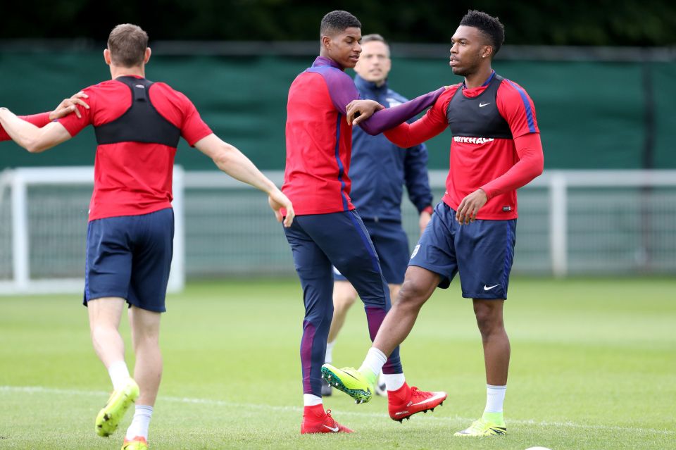  England's Daniel Sturridge (right) and Marcus Rashford during a training session at Stade du Bourgognes, Chantilly before the must-win match with Wales