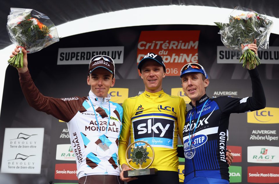  Chris Froome won his fifth Criterium du Dauphine title ahead of Frenchman Romain Bardet (left) and Dan Martin (right)