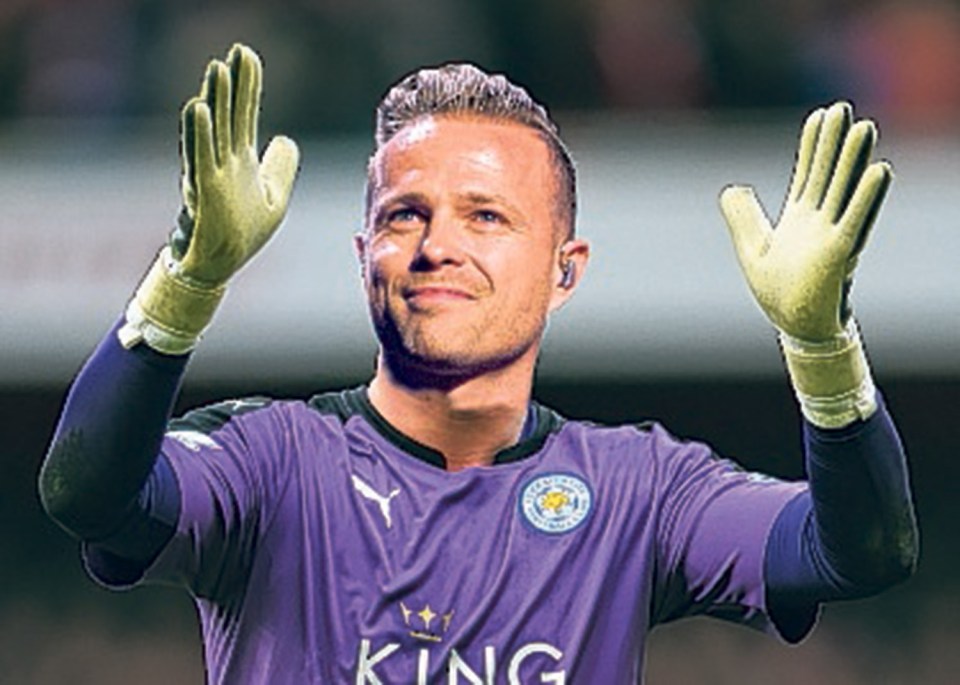  Hand it to him ... Nicky, mocked up here as Kasper Schmeichel, proved his worth to play the keeper during Soccer Aid match