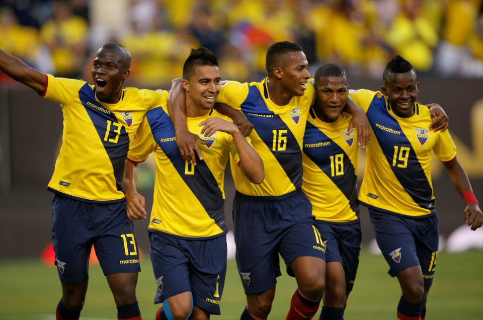  Christian Noboa celebrates with team-mates after Ecuador's third goal