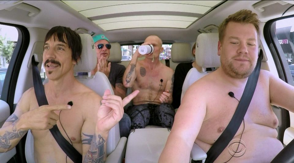  The Late Late Show host and the band members started the journey fully dressed before taking off their shirts halfway through the ride to sing The Zephyr Song