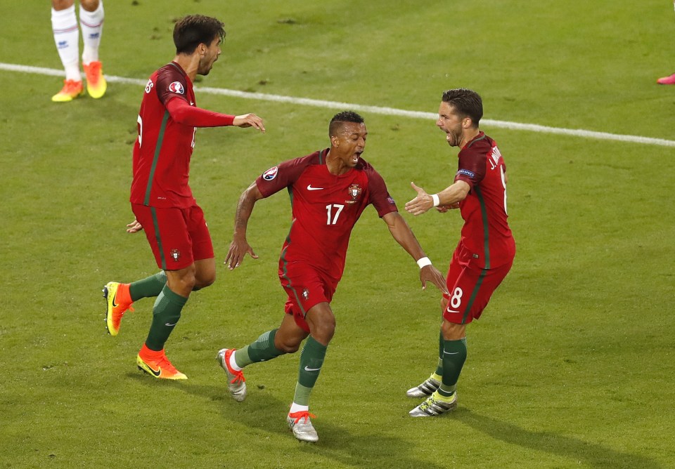  Nani celebrates his Euro 2016 opener for Portugal against Iceland in Saint Etienne