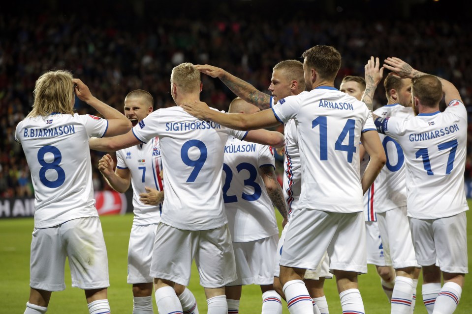  Iceland celebrate the country's first-ever goal at a major tournament