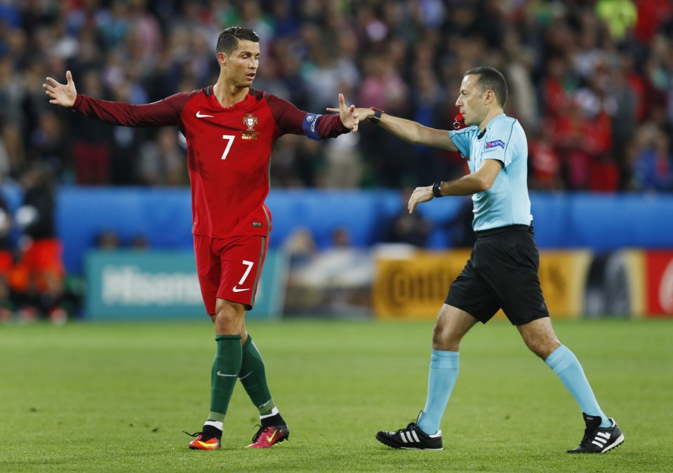  Cristiano Ronaldo remonstrates with the referee after a frustrating Euro 2016 opener