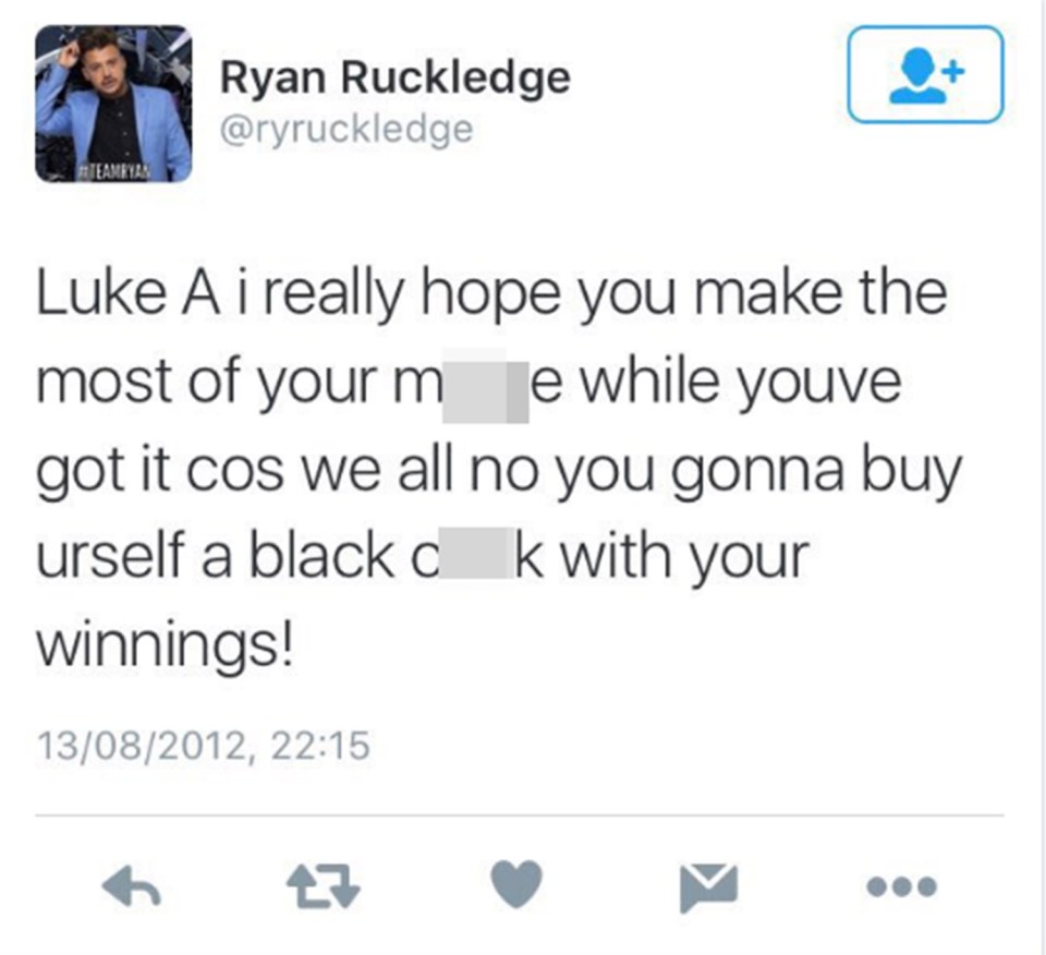  Ryan's vile tweet to Luke was reposted by the BB winner