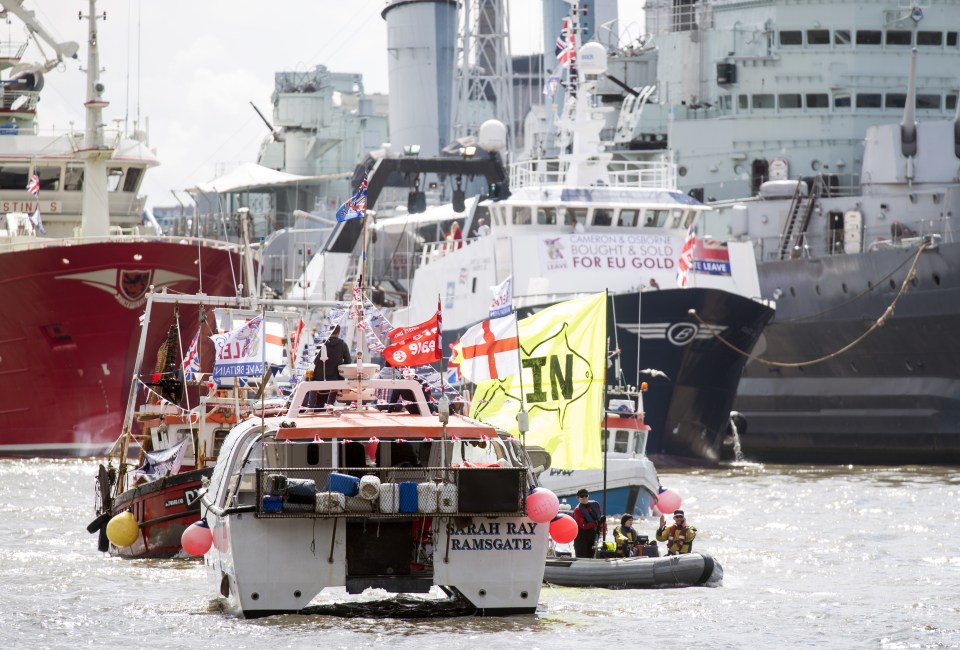  A Brexit trawler protests through Tower Bridge