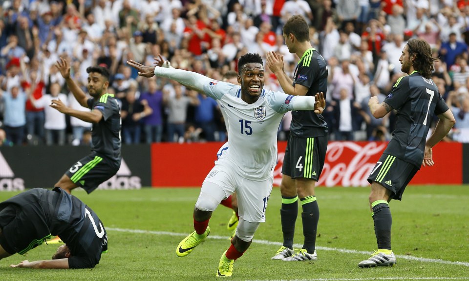  Daniel Sturridge celebrates scoring a last-minute winner for England against Wales in Lens