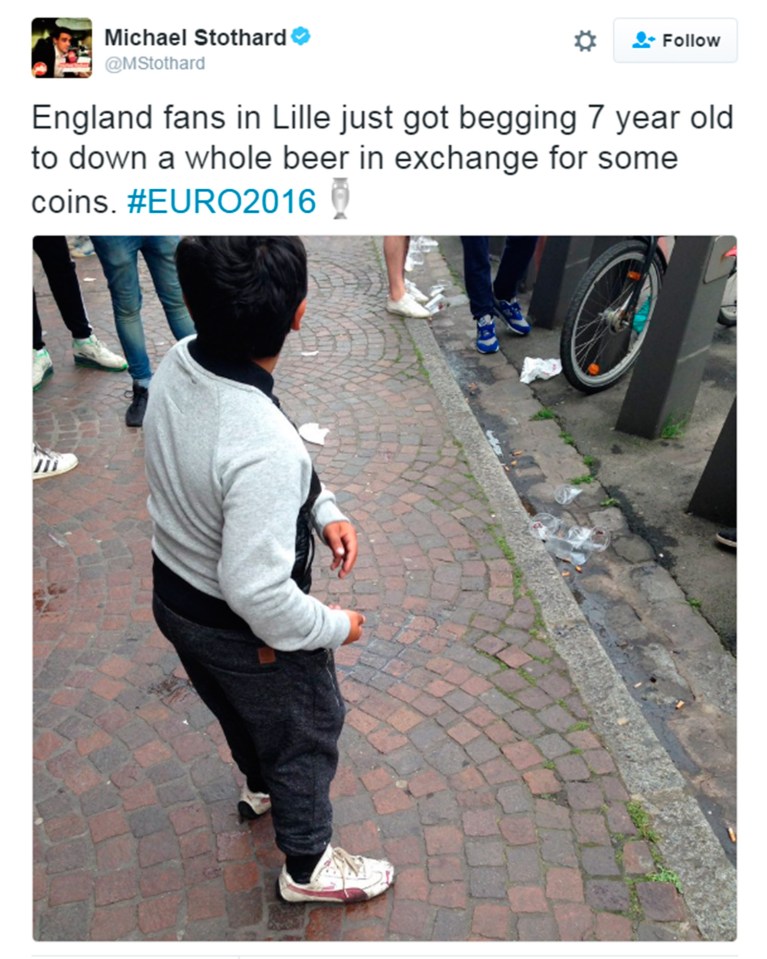  England fans reportedly made a young beggar drink a pint of beer for some change and a cigarette