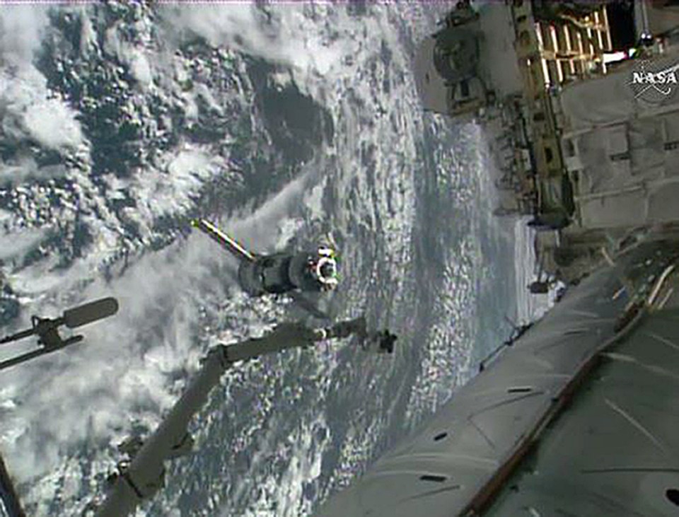 Still from NASA television capture the moment the Soyuz capsule detached 