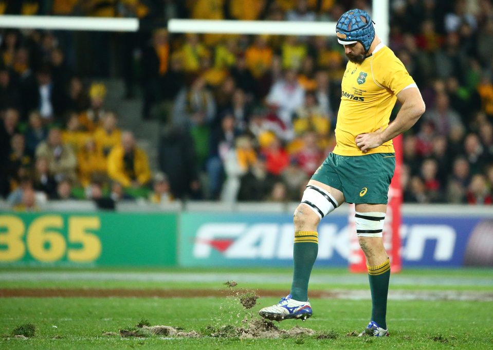  Scott Fardy kicks the ground after it gave way under an Australian scrum