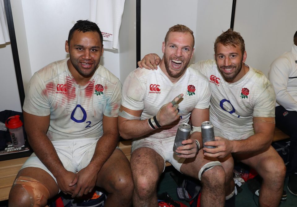  England's back row celebrate after clinching series victory in Australia