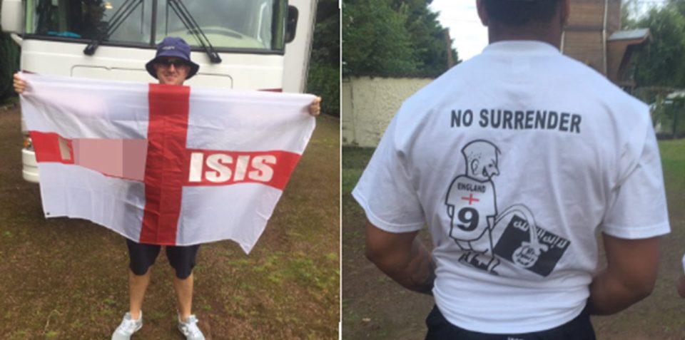 Tommy Robinson posted these two pics of himself holding a Fuck ISIS flag and a No Surrender t-shirt