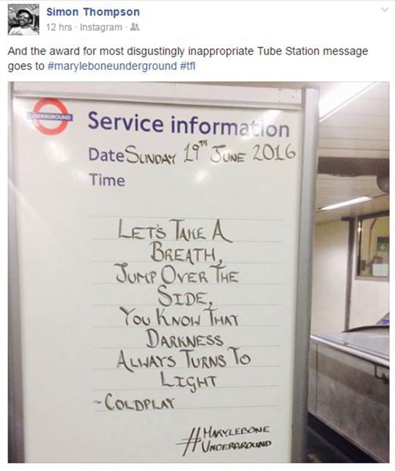 This London Underground sign featuring a Coldplay lyric was slammed for being 'disgustingly inappropriate'